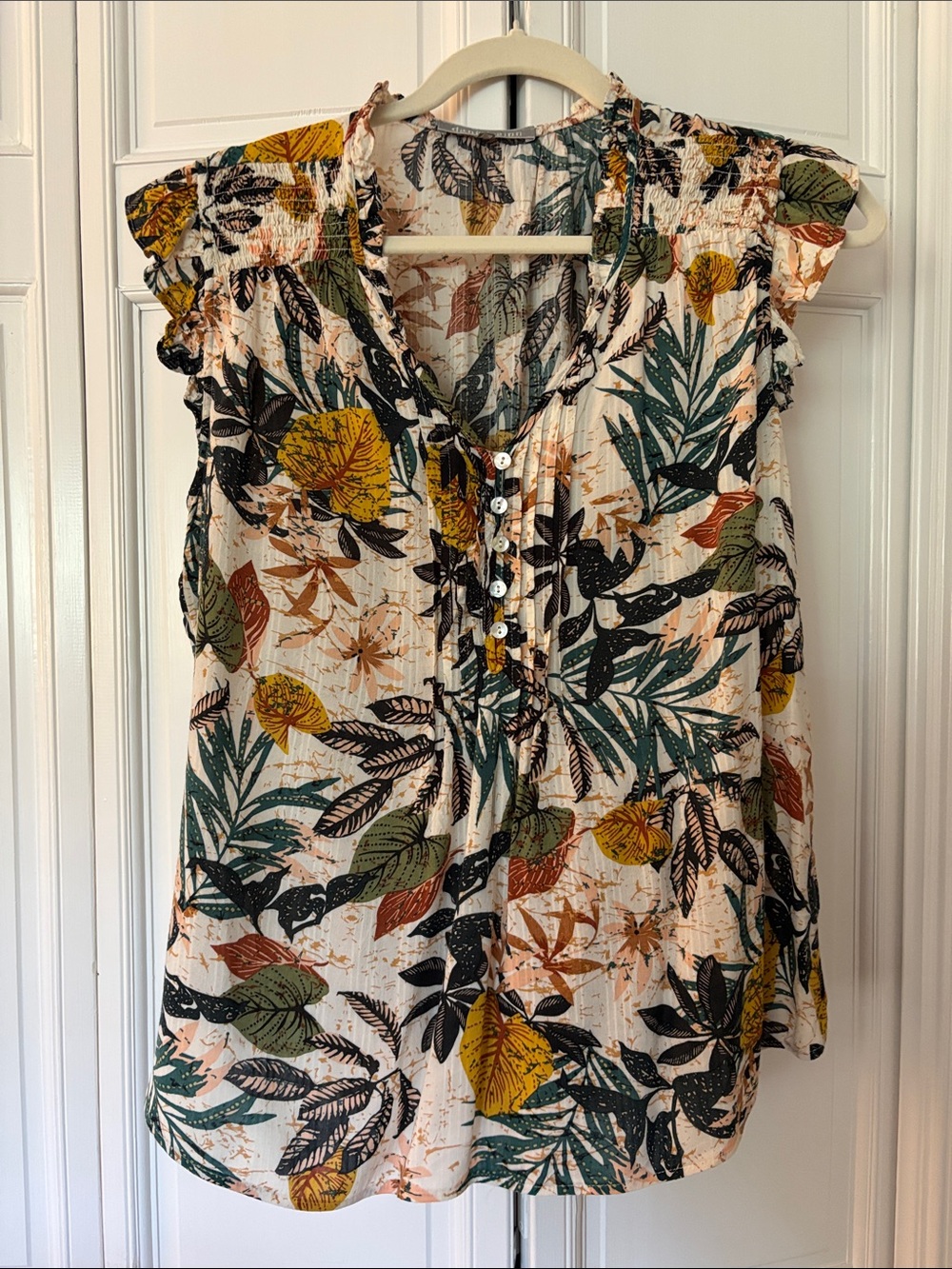Floral Printed Ruffled Sleeve Blouse - Cream/Green